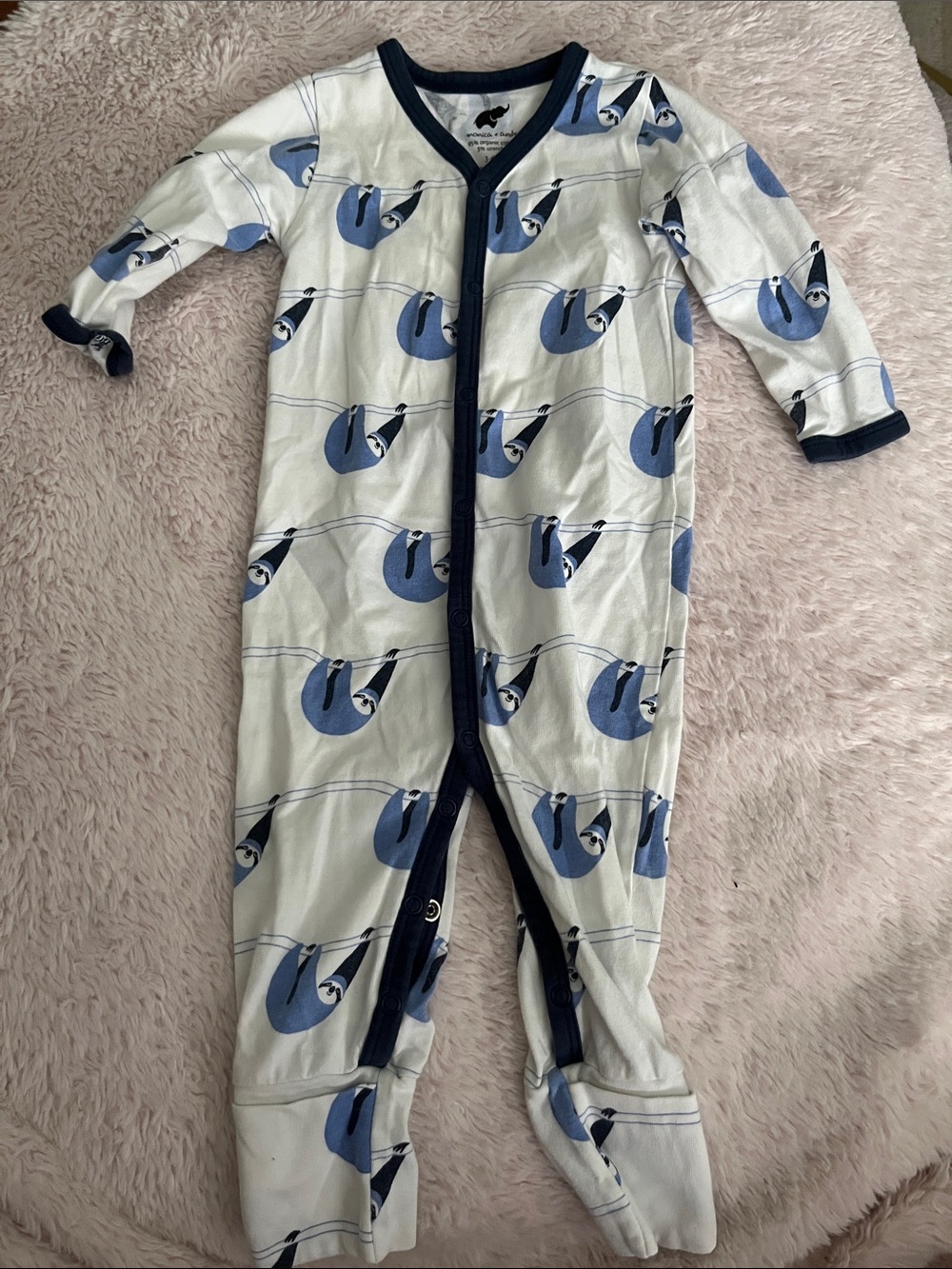 Monica + Andy Baby Footed One-Piece Pajama with Blue Sloth Print - Navy Trim